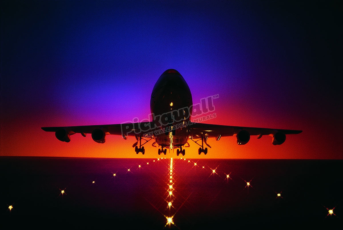 Plane lifting off from runway at dusk