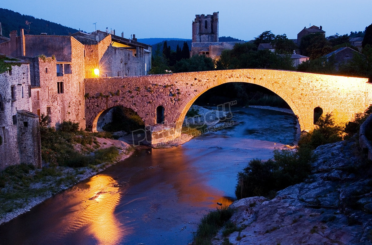 Medieval village of Lagrasse at dusk.