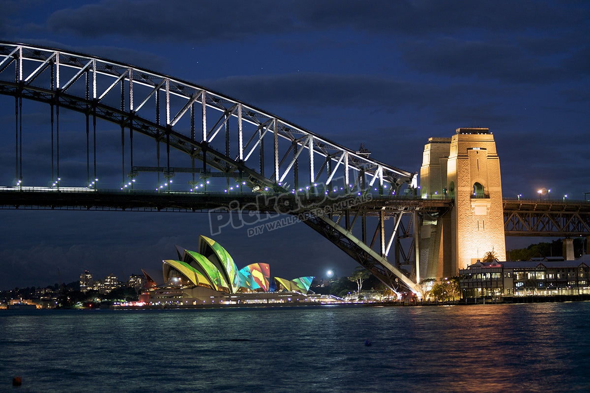 Sydney Harbour Bridge and Opera House during Vivid Festival, Sydney, New South Wales, Australia