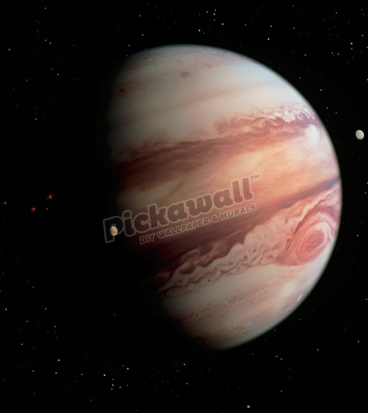 Gas giant planet Jupiter and two of its moons