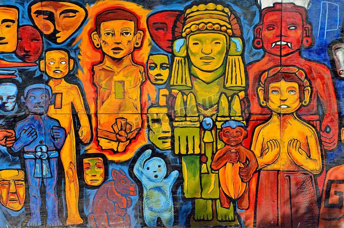People and masks, graffiti