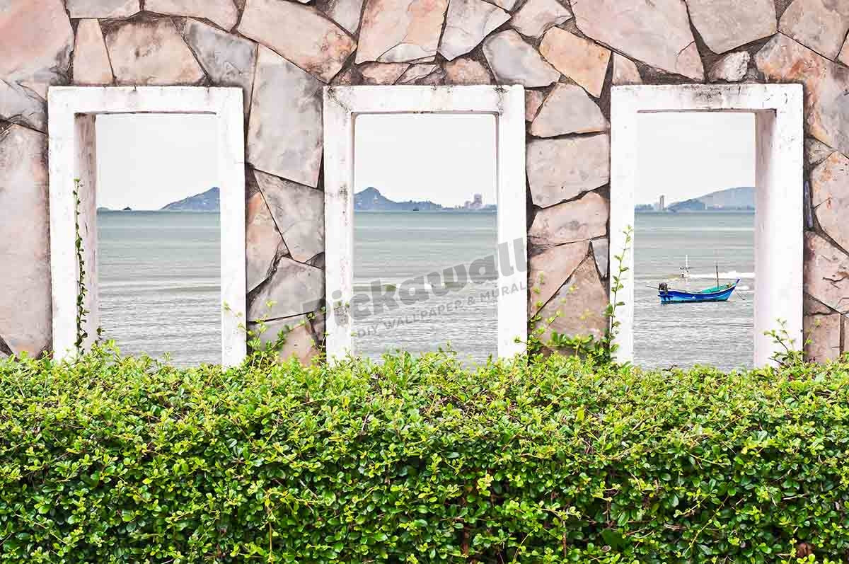 Seascape, stone wall window