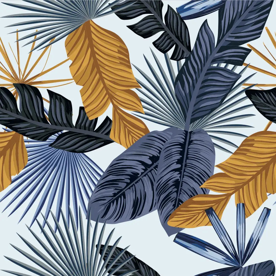 A repeating tropical leaf pattern featuring large dark blue-grey palm fronds, mustard yellow palm leaves, and black fan palms on a very light icy blue background.