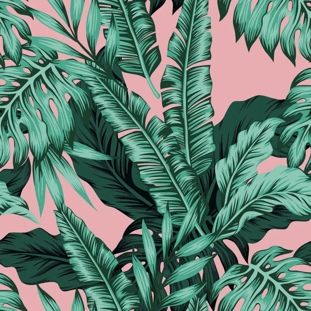 A seamless tropical pattern featuring large green palm and monstera leaves on a solid pink background.