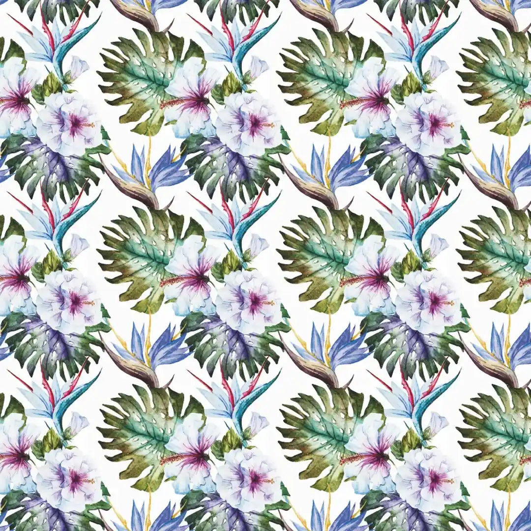 Watercolour pattern featuring white hibiscus flowers, tropical leaves and colourful bird-of-paradise blooms