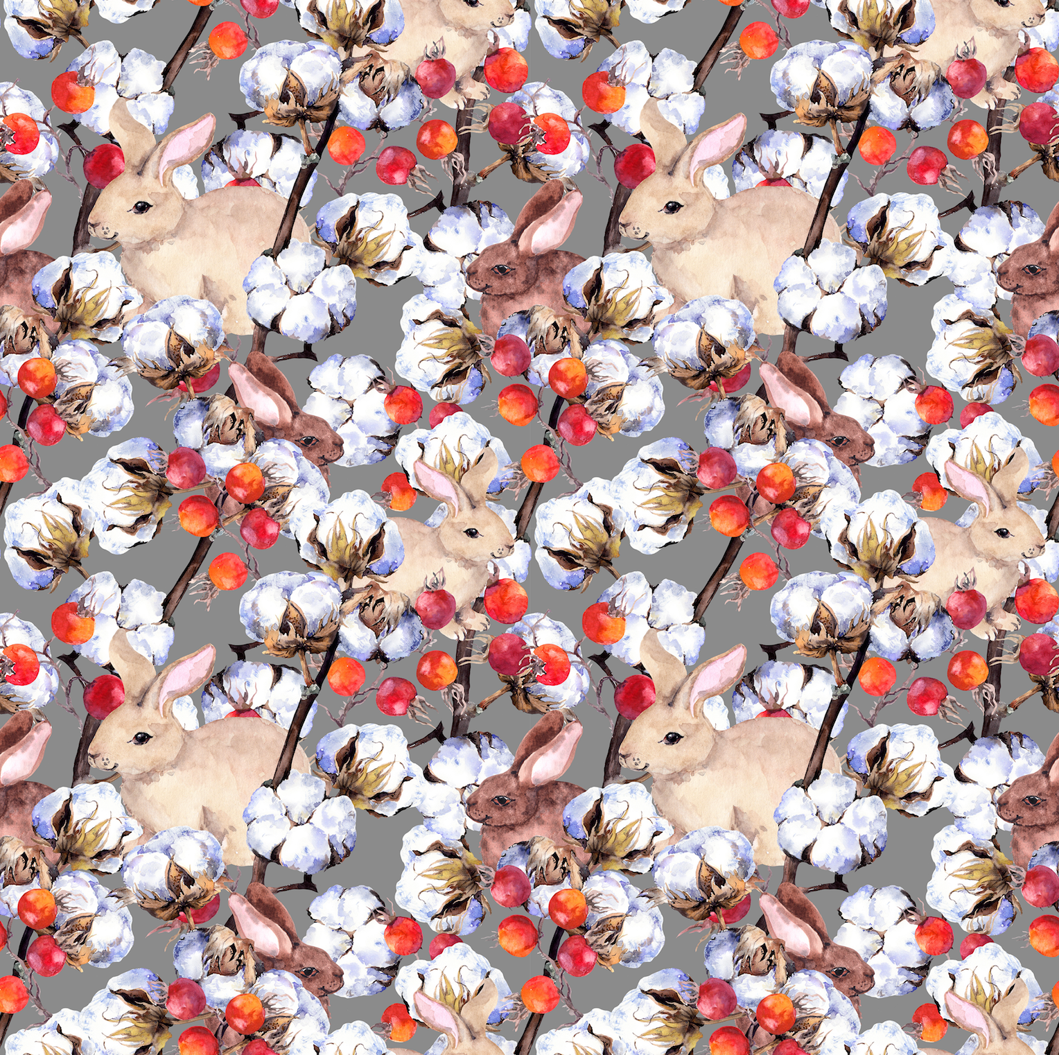 Bunnies, cotton branches and berries