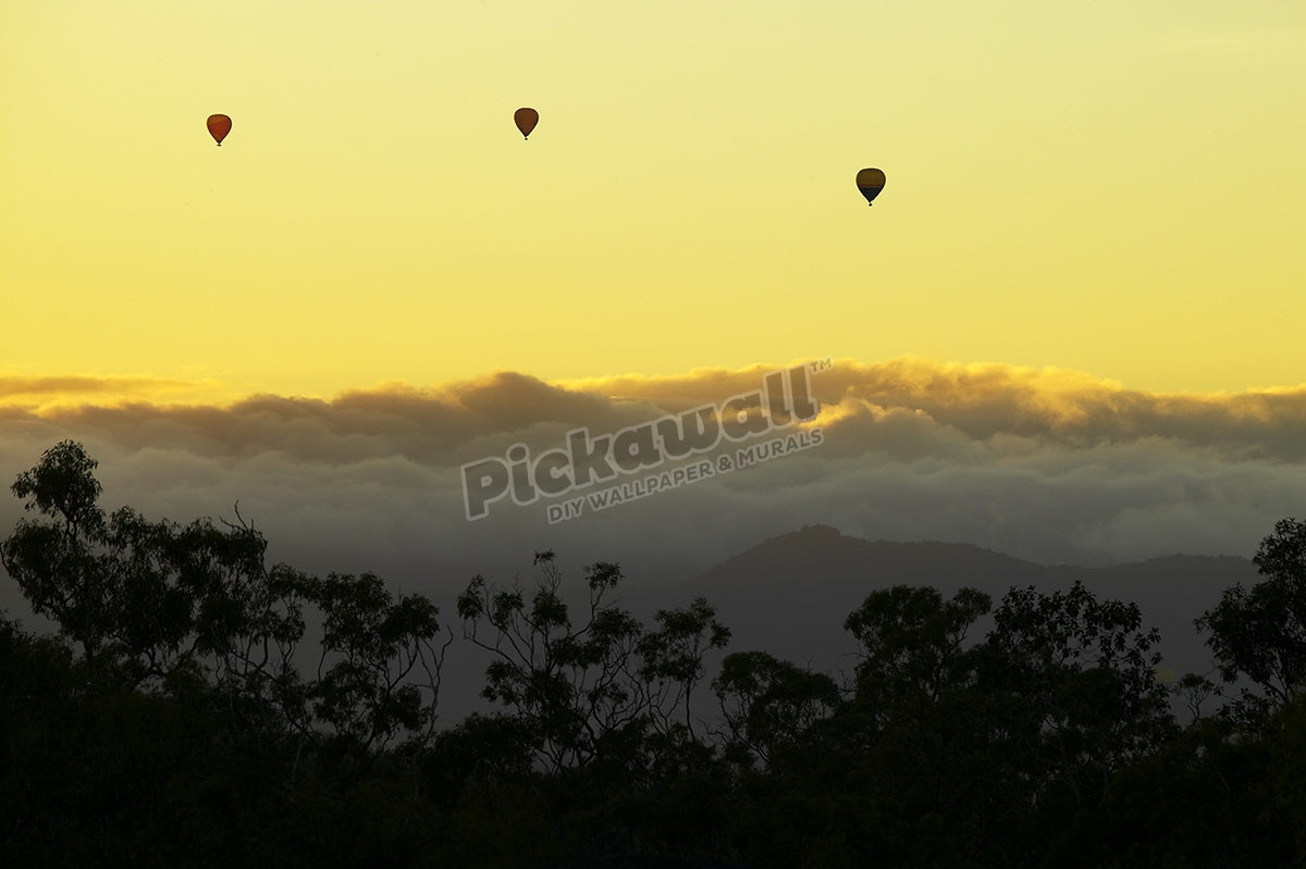 Three hot air balloons flying over rainforest.