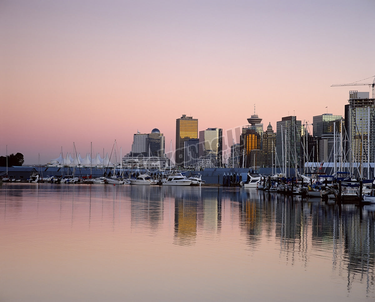 Boats docked in urban bay