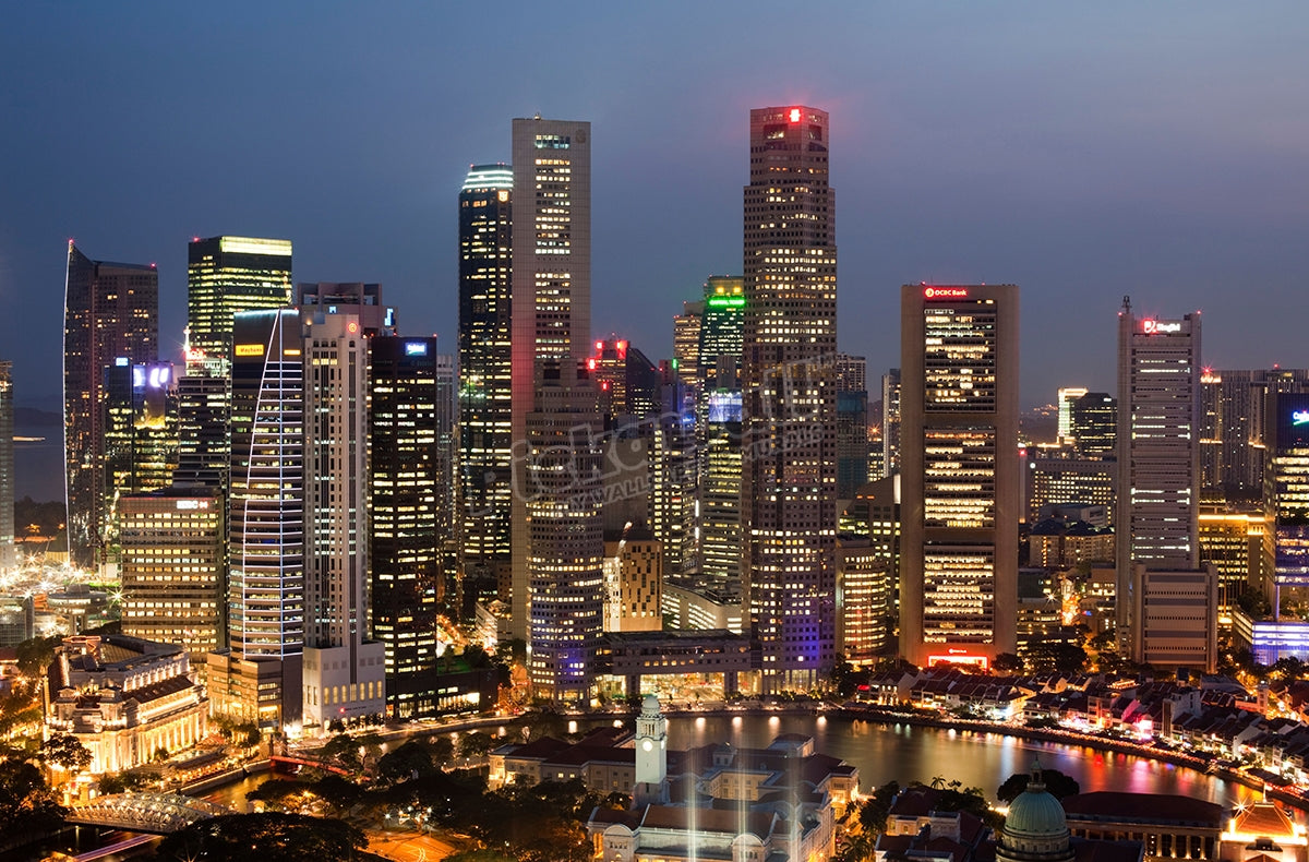 High angle view of a cityscape at night, Singapore City, Singapore