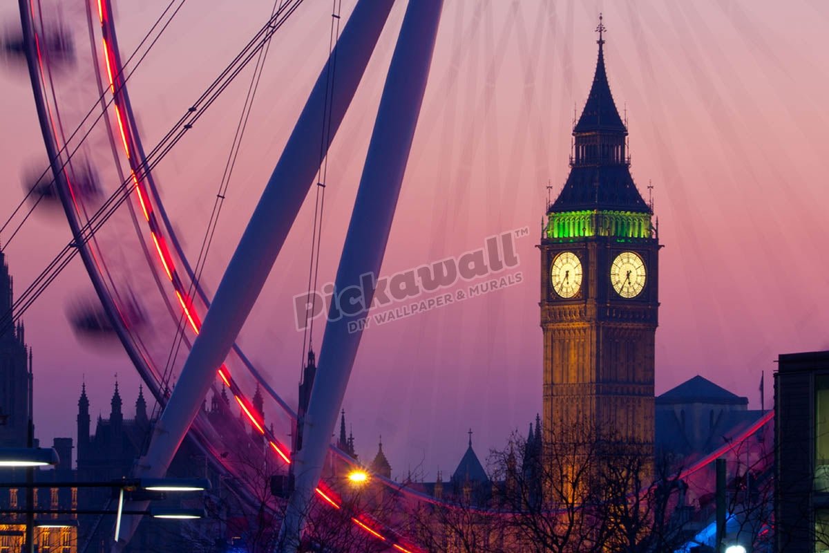 Big Ben Clock Tower of Houses of Parliament seen through Millennium Wheel or London Eye at dusk London England UK - Pickawall