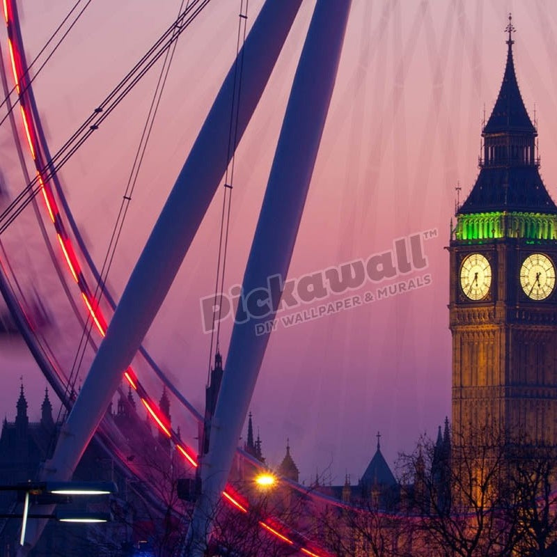 Big Ben Clock Tower of Houses of Parliament seen through Millennium Wheel or London Eye at dusk London England UK - Pickawall