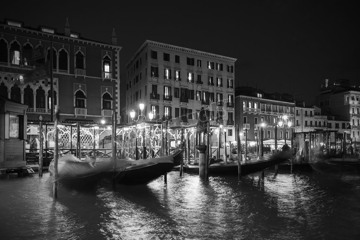Gondolas on canal by night, Venice