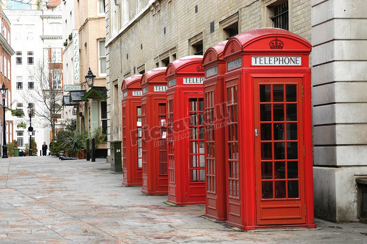 Row of red telephone boxes London