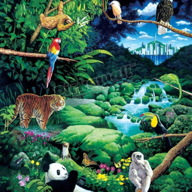 Endangered species in a jungle with a city in the distance - Pickawall