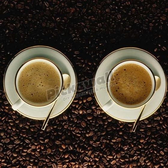 Four cups of cappuccino resting on coffee beans, overhead view - Pickawall