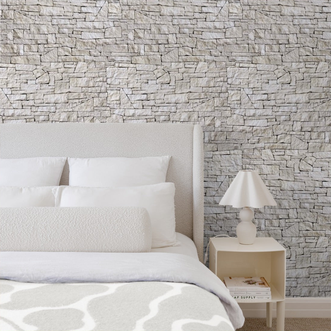 Stacked Limestone Wall wallpaper in a bedroom - Pickawall