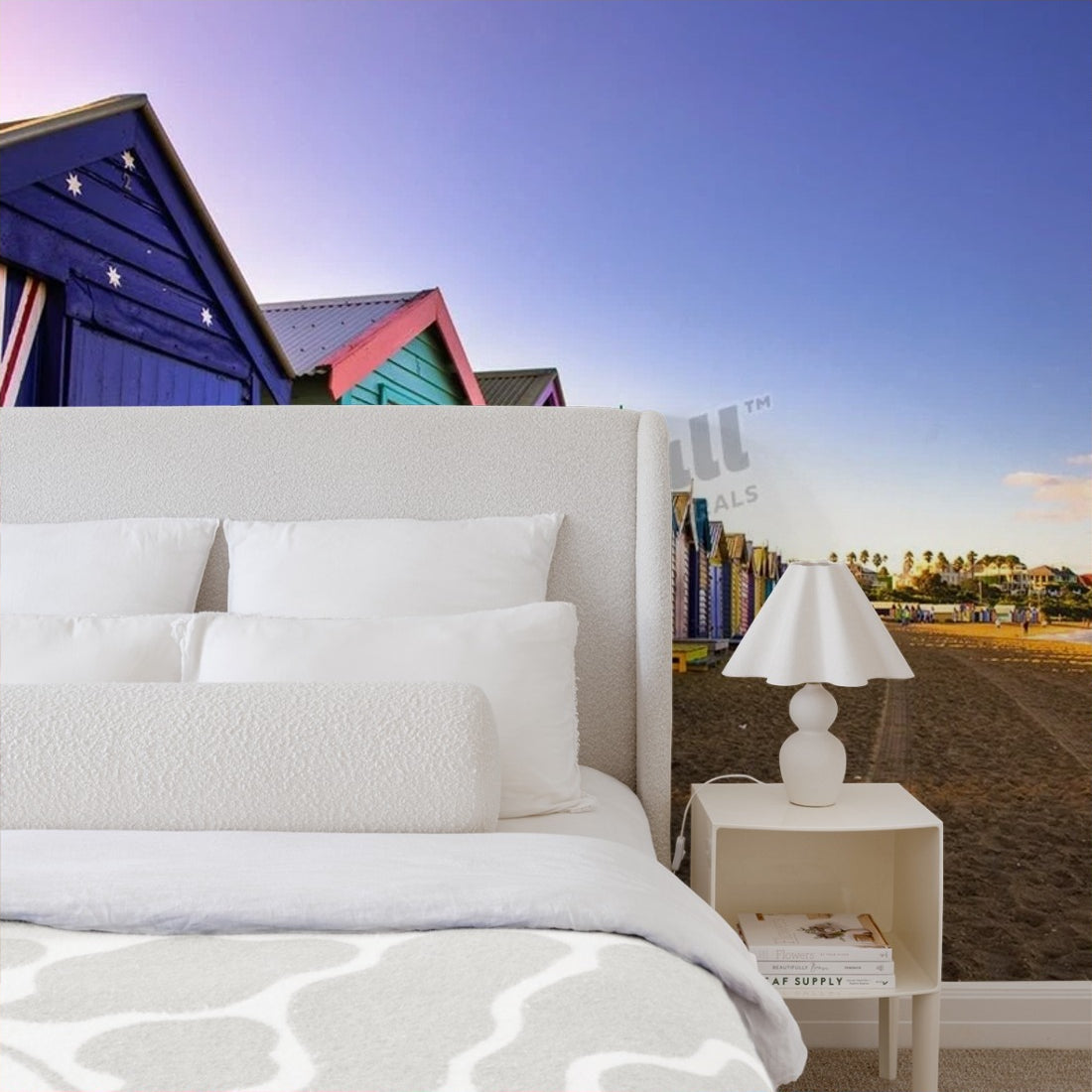 Beach Huts wallpaper in a bedroom - Pickawall