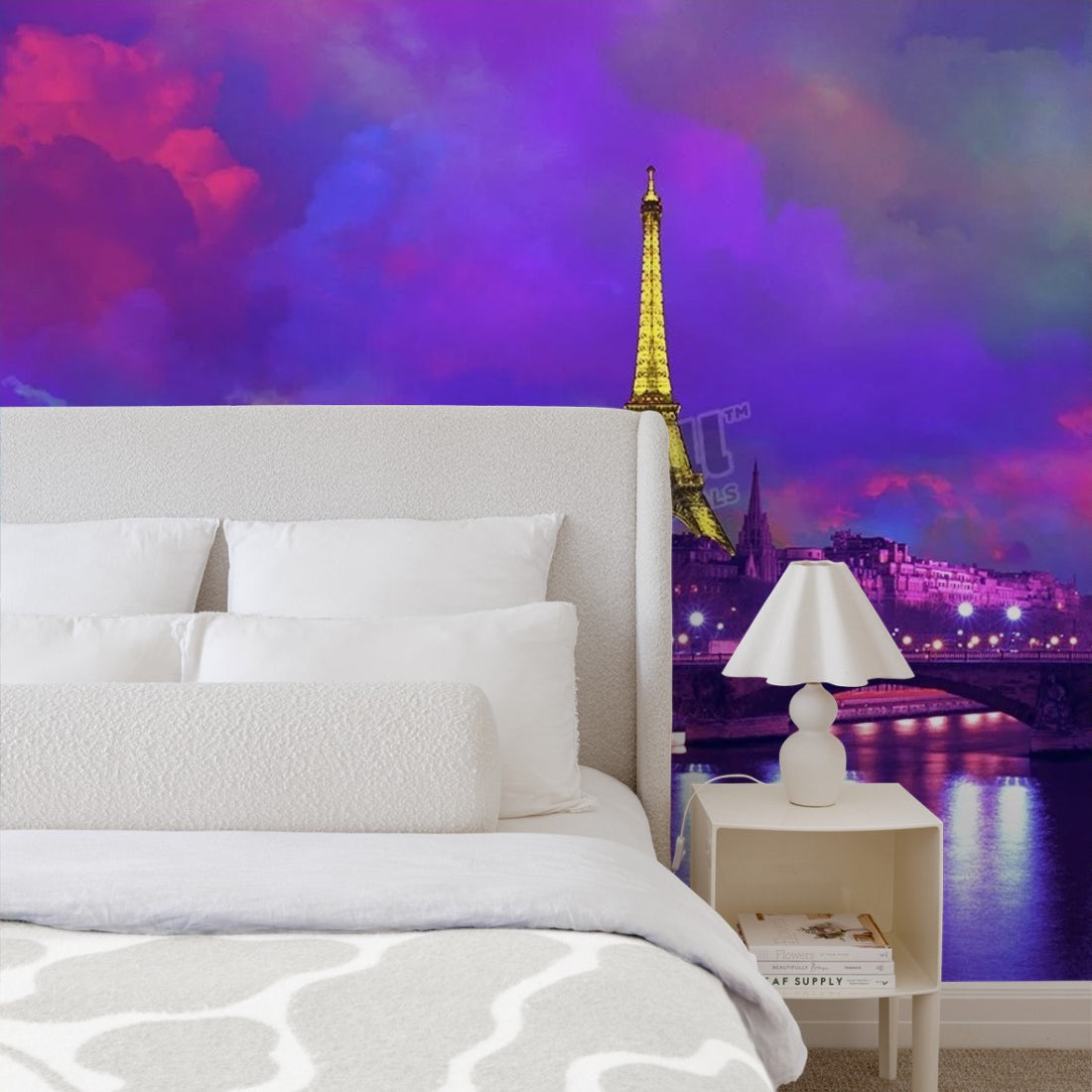 Eiffel Tower at night against a dramatic sky' wallpaper in a bedroom - Pickawall