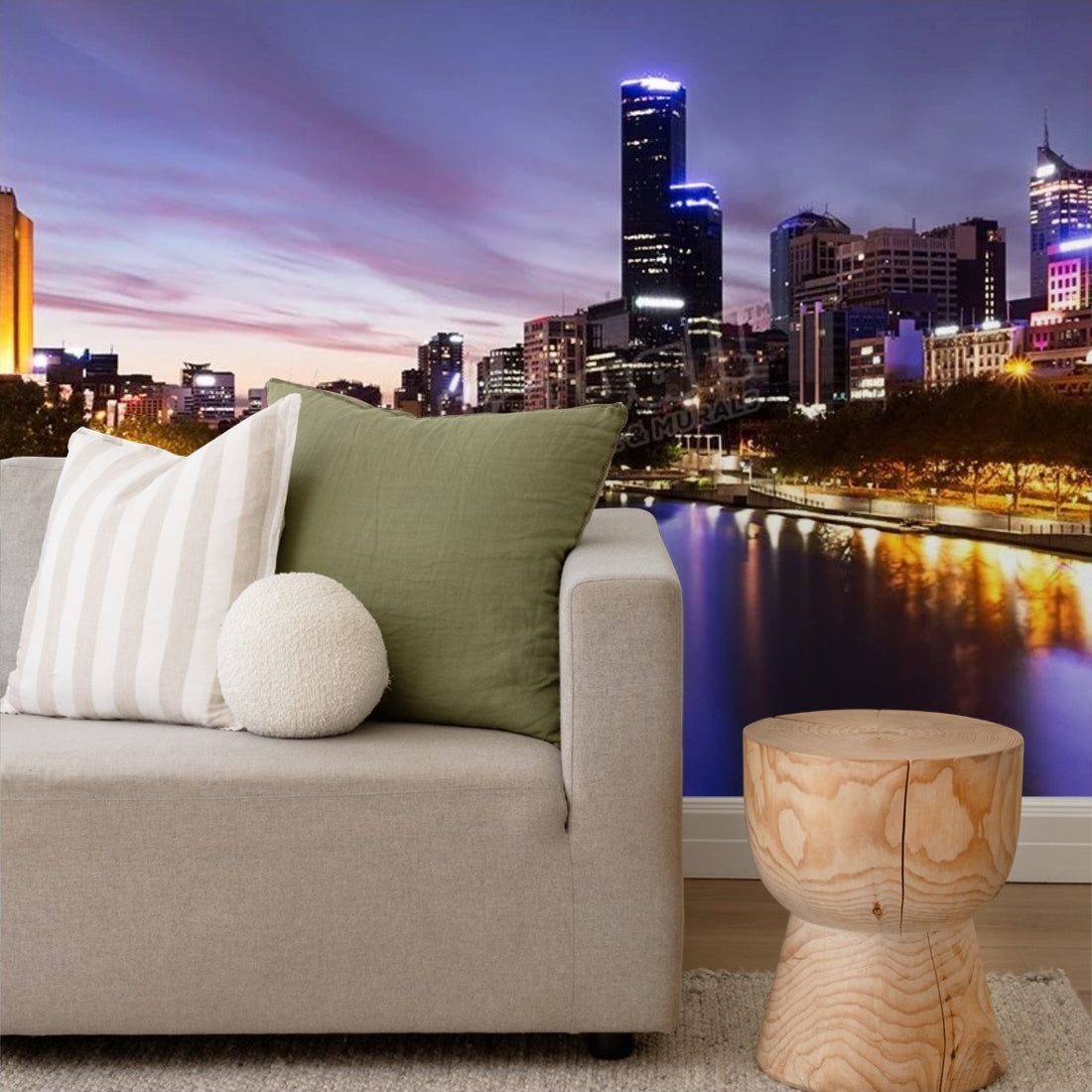 Yarra illuminated Melbourne wallpaper in a living room - Pickawall