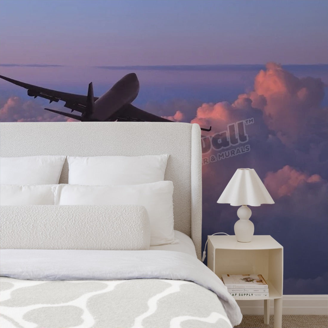 Jet (Boeing 747) Flying over Clouds at Sunset wallpaper in a bedroom - Pickawall