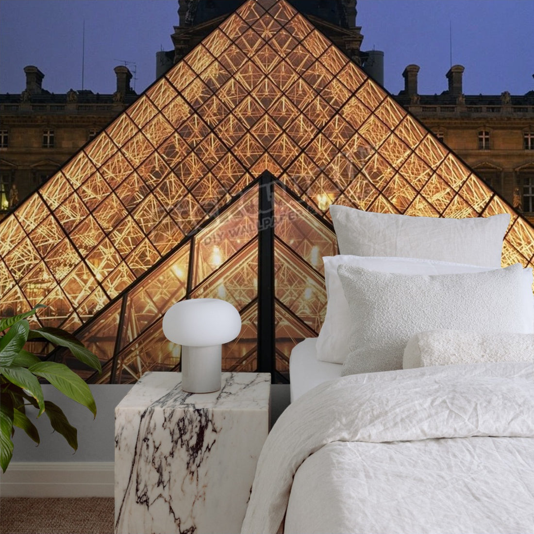 France, Paris, Louvre, Pyramid illuminated wallpaper in a bedroom - Pickawall
