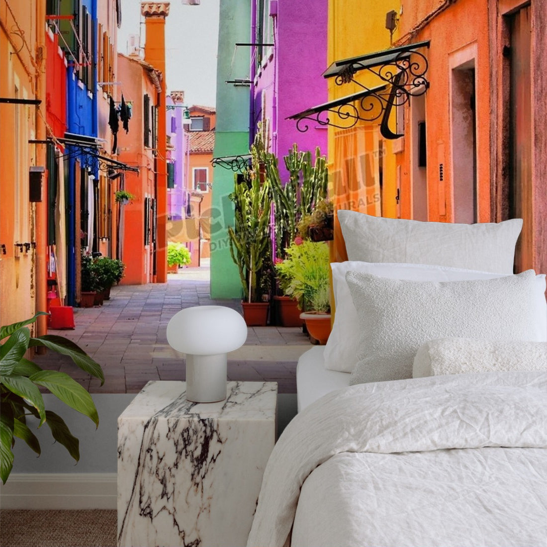 Colourful street in Burano near Venice wallpaper in a bedroom - Pickawall
