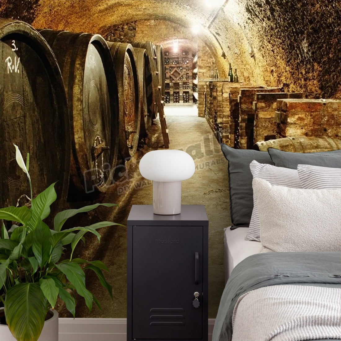 Austria, Vienna, barrels in winery corridor wallpaper in a bedroom - Pickawall
