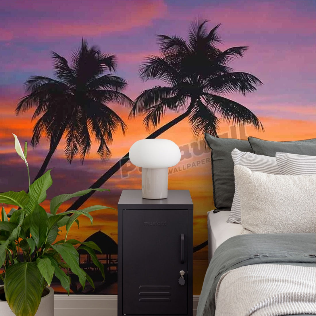 Water - Palm trees, ocean sunset wallpaper in a bedroom - Pickawall