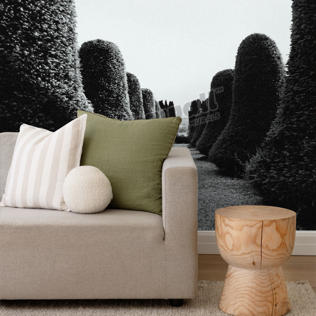 Rows of topiary hedges, b&w wallpaper in a living room - Pickawall