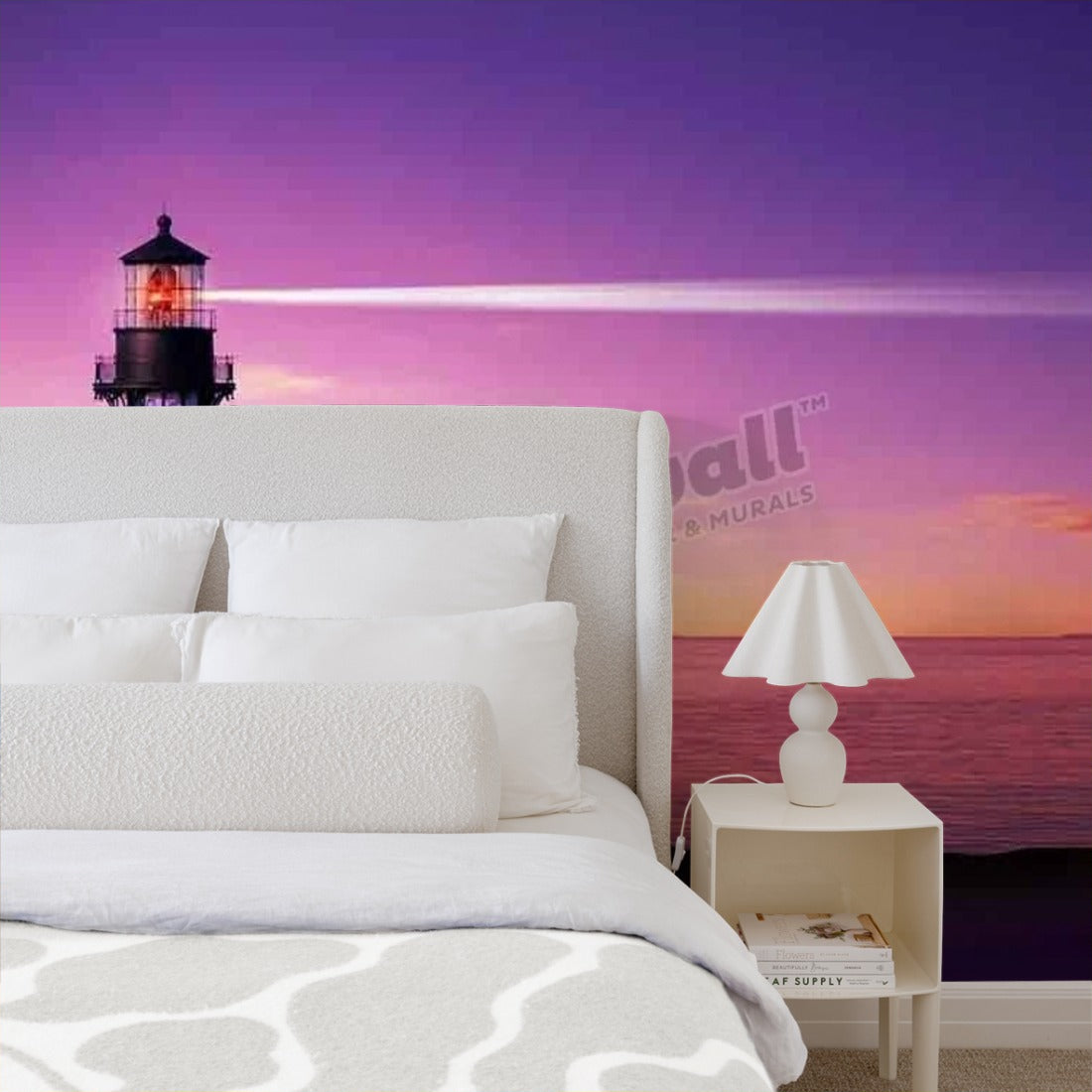 Lighthouse searchlight beam through marine air at night wallpaper in a bedroom - Pickawall