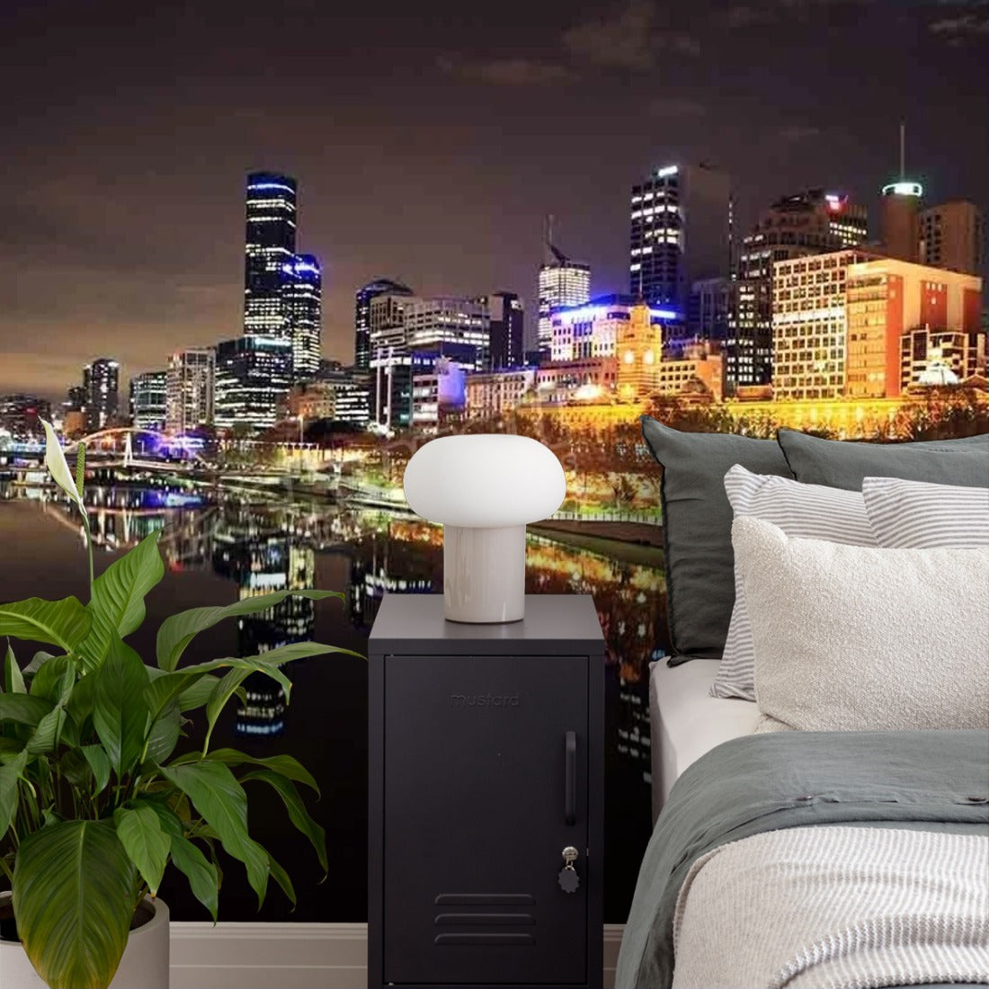 The Melbourne Skyline at night wallpaper in a bedroom - Pickawall