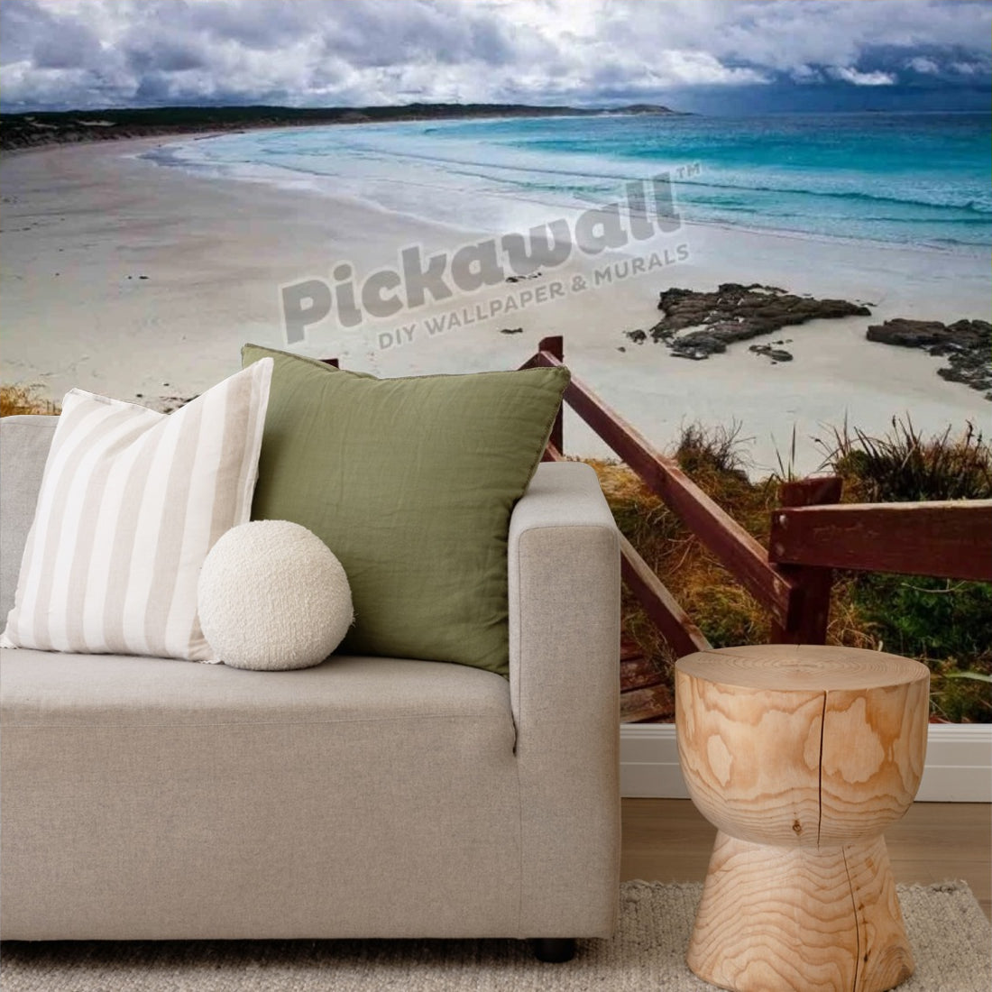 Boardwalk leading to beach wallpaper in a living room - Pickawall