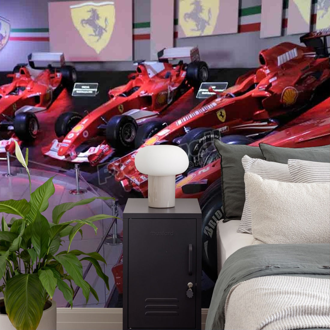 Ferrari F1 display wallpaper in a bedroom - Pickawall