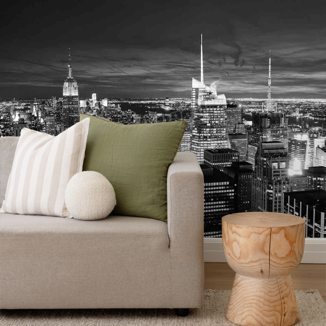 New York City Skyline Aerial View at Night wallpaper in a living room - Pickawall