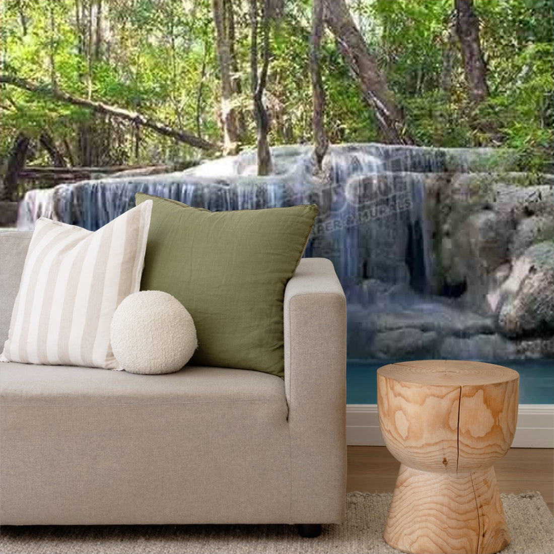 Erawan Falls at Erawan National Park, Thailand wallpaper in a living room - Pickawall