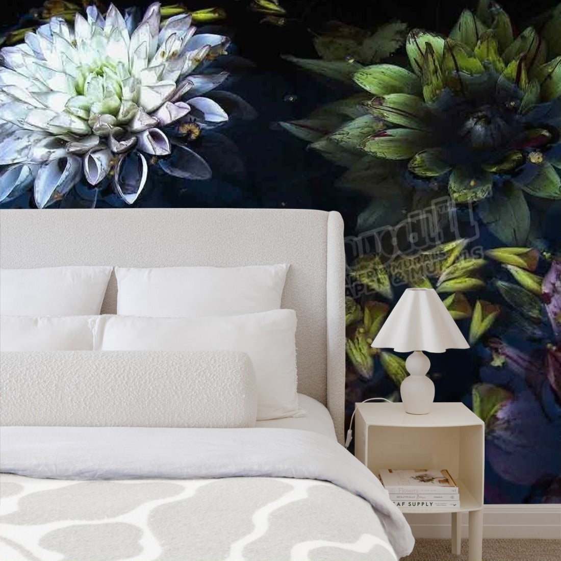 Lotus Flowers Floating in Water wallpaper in a bedroom - Pickawall