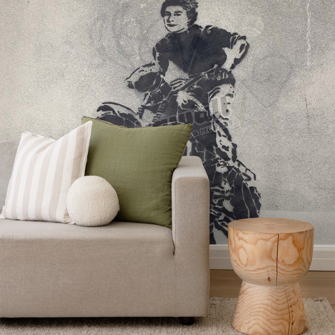 Banksy street art graffiti showing Queen on motorcycle wallpaper in a living room - Pickawall