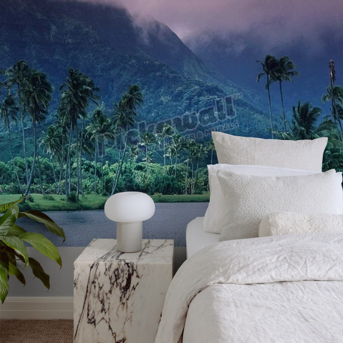 Looking across tropical landscape up to Mt Waialeale from Hanalei, Hawaii wallpaper in a bedroom - Pickawall