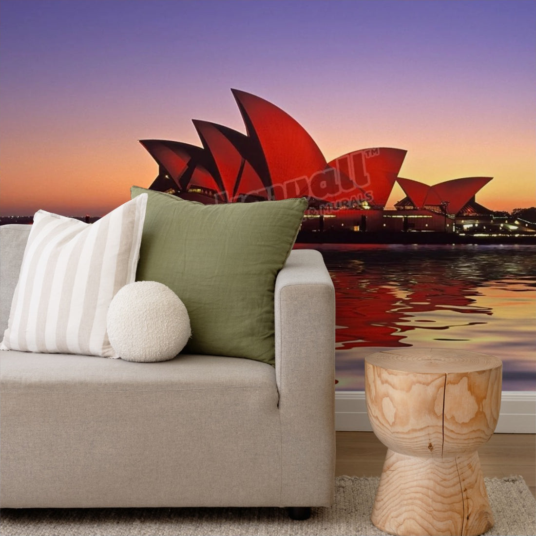 Sydney Opera House at dusk wallpaper in a living room - Pickawall