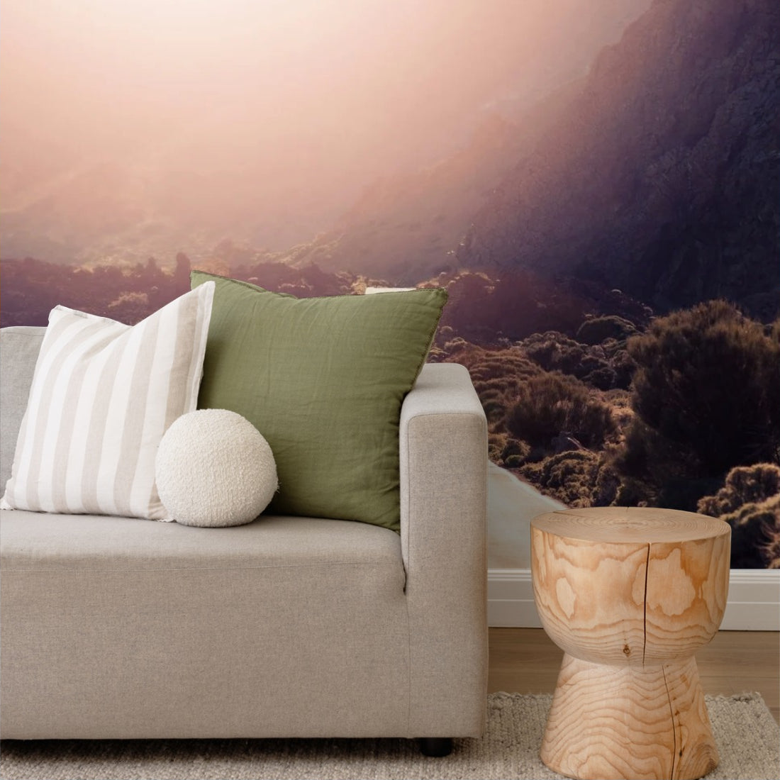 Road leading into mountainous landscape wallpaper in a living room - Pickawall