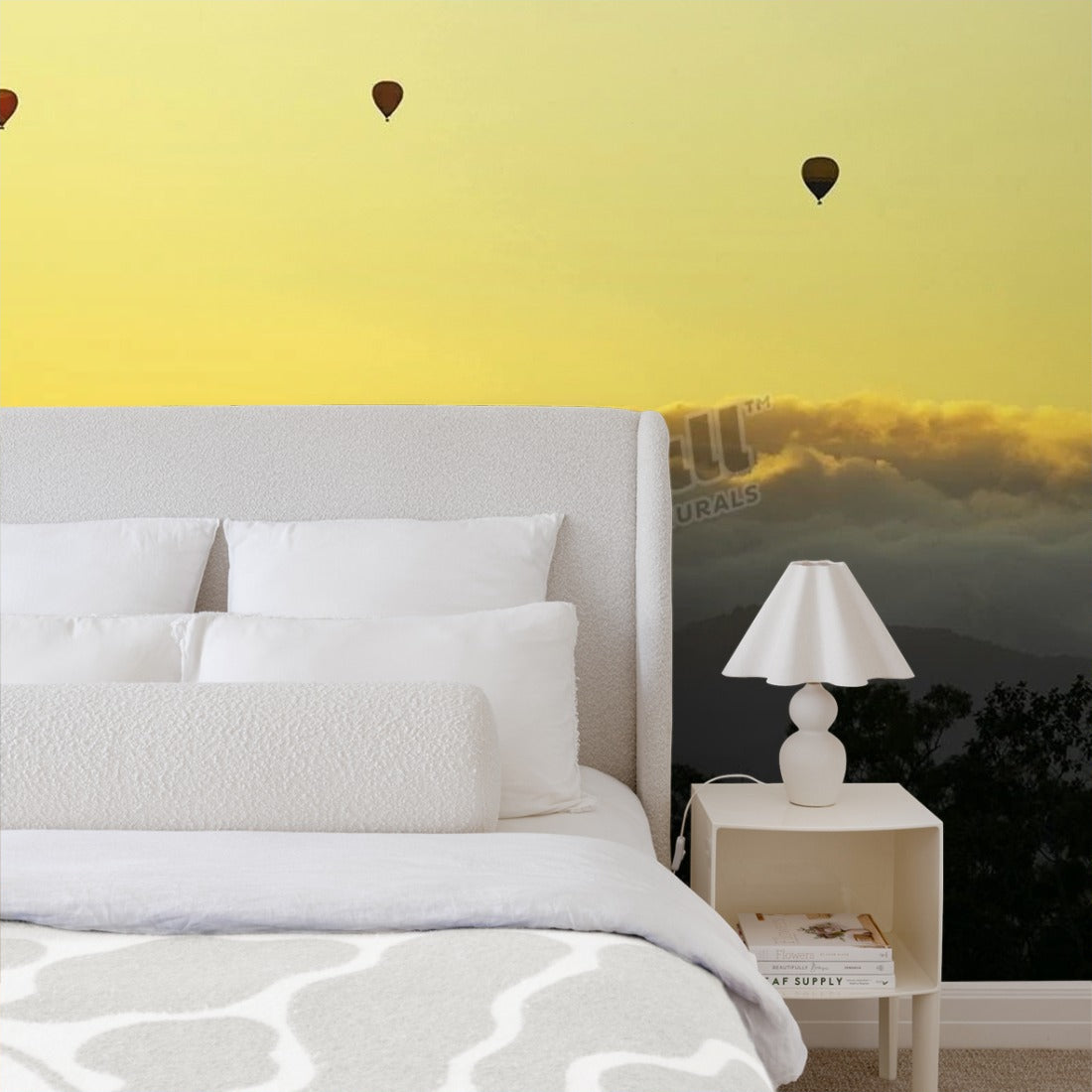 Three hot air balloons flying over rainforest. wallpaper in a bedroom - Pickawall