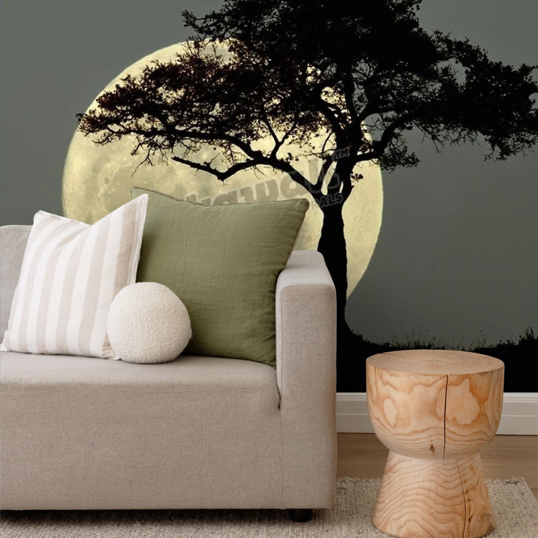 Full moon and tree silhouetted at dusk wallpaper in a living room - Pickawall