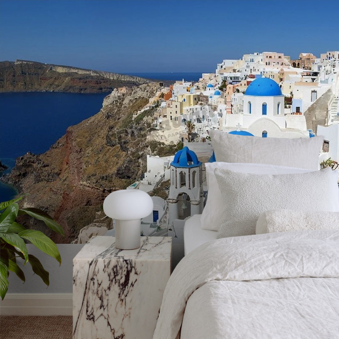 Blue domed churches, Oia, Santorini, Greece wallpaper in a bedroom - Pickawall