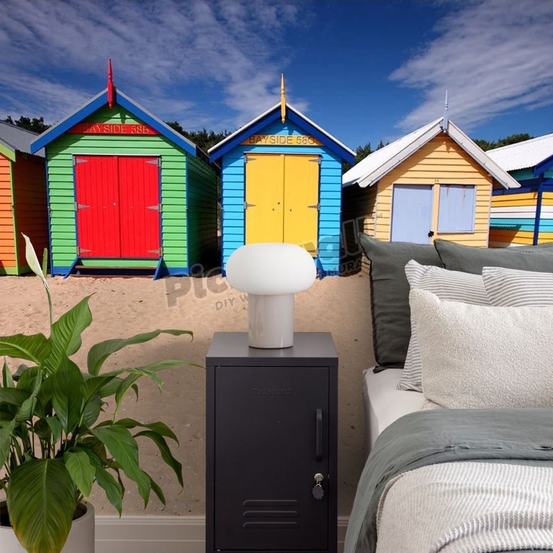 Melbourne beach huts in Australia wallpaper in a bedroom - Pickawall