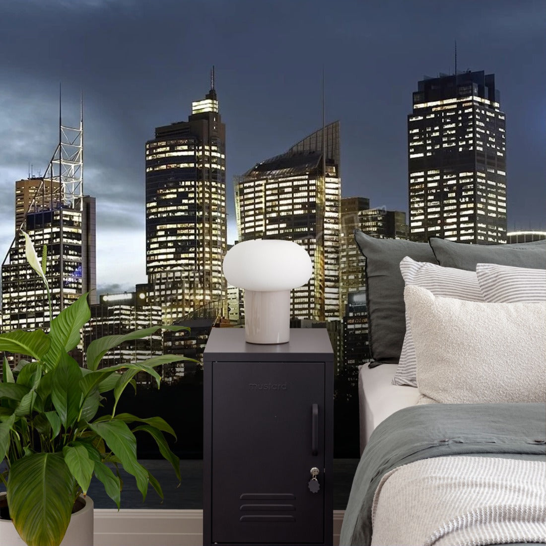 Skyline and Sydney harbour at dusk wallpaper in a bedroom - Pickawall