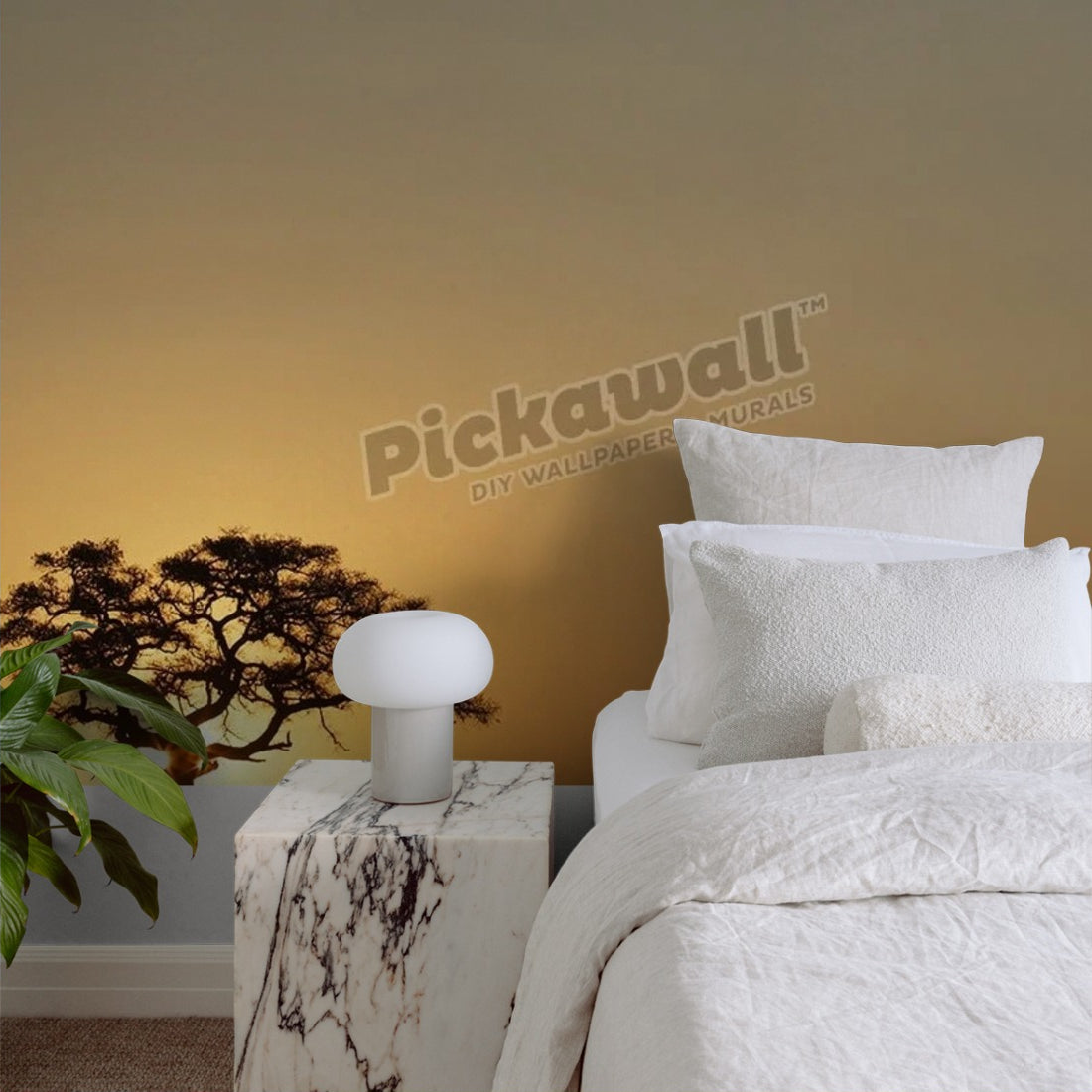 Large fig tree silhouetted at sunrise wallpaper in a bedroom - Pickawall