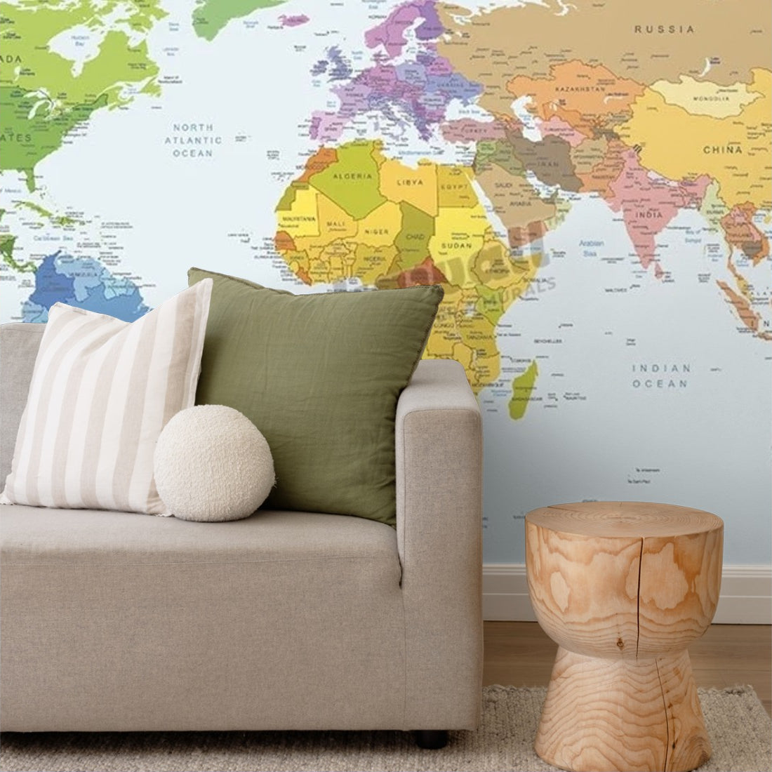 World Map Colour wallpaper in a living room - Pickawall