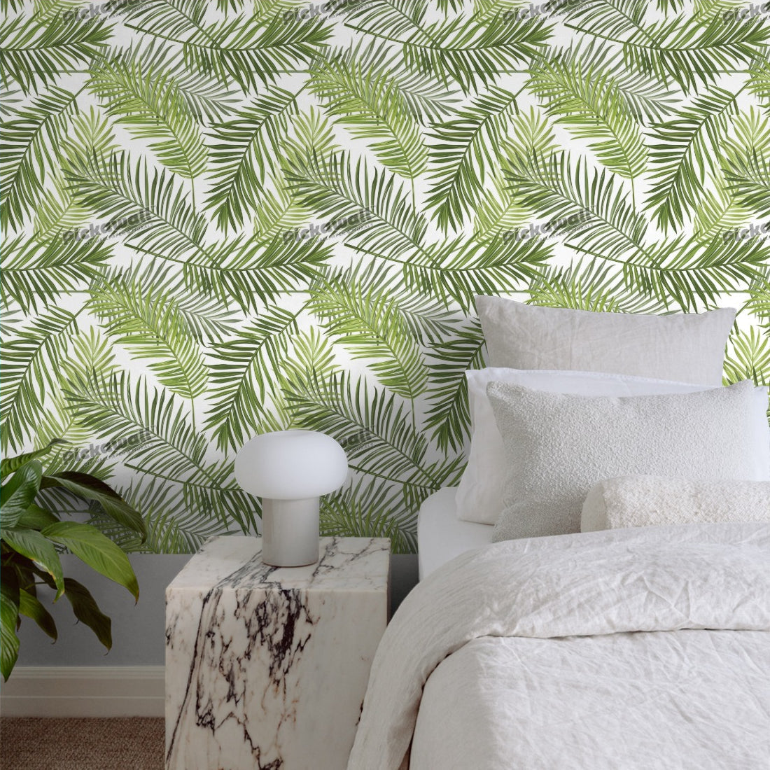 Tropical Palm Leaves Background wallpaper in a bedroom - Pickawall