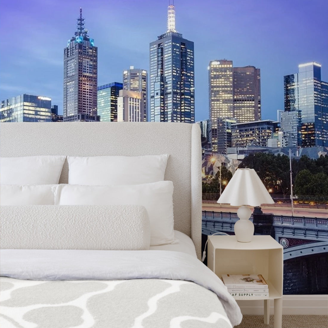 Melbourne Skyline Twilight wallpaper in a bedroom - Pickawall