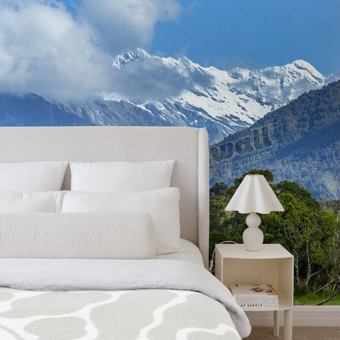 Forest and mountain landscape wallpaper in a bedroom - Pickawall